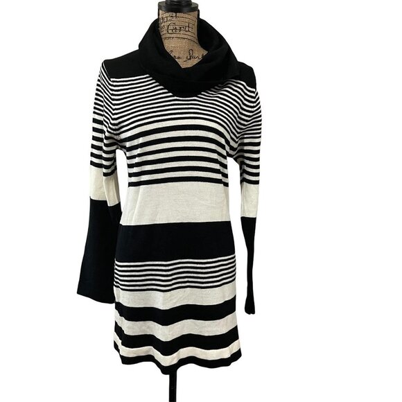 Body Central Dresses & Skirts - Body Central Sweater Bodycon Dress Size Large Black and White Stripe Cowl Neck